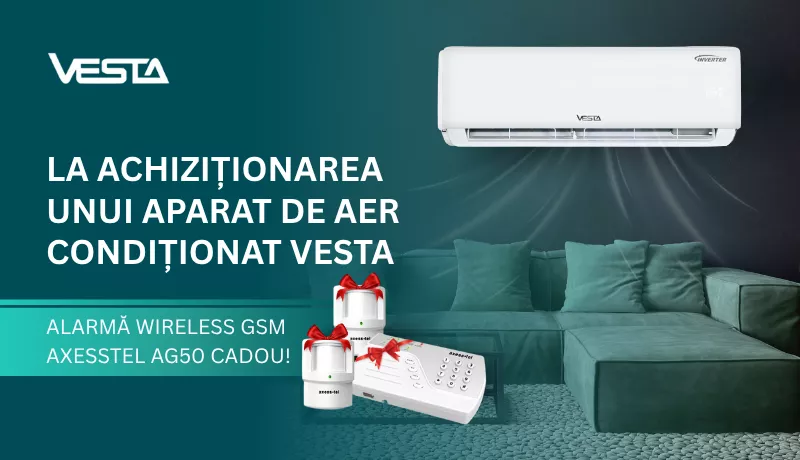 La achiziționarea unui aparat de aer condiționat Vesta - Alarmă Wireless GSM AxessTel AG50 cadou!