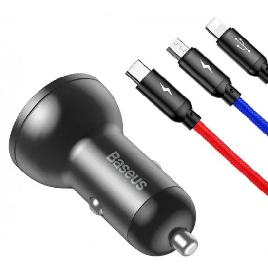 Автомобильное зарядное устройство Baseus TZCCBX-0G, Black (UBS Type C / micro USB / Lightning)