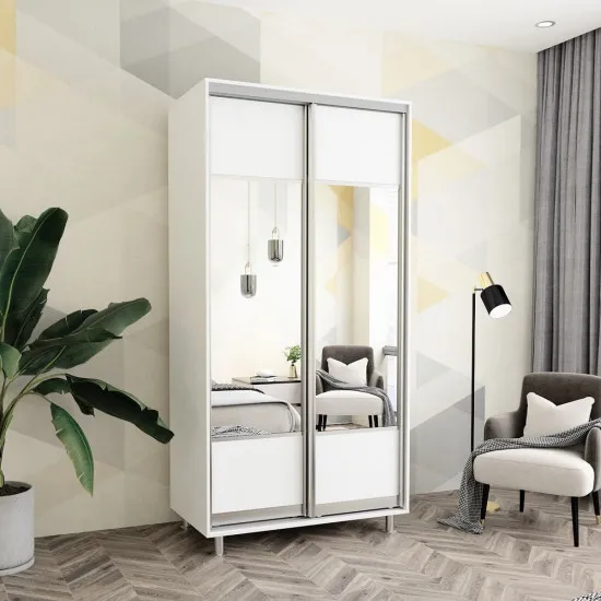 Шкаф купе Mobildor Aron K1, 100x220x60 cm, двери ДСП с зеркалом горизонтально, Белый