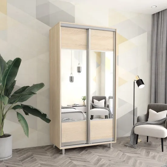 Dulap-cupeu Mobildor Aron K1, 110x220x60 cm, uși PAL cu oglindă orizontal, Sonoma