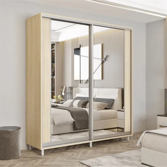 Dulap-cupeu Mobildor Aron K2, 220x220x60 cm, uși PAL cu oglindă vertical, Sonoma