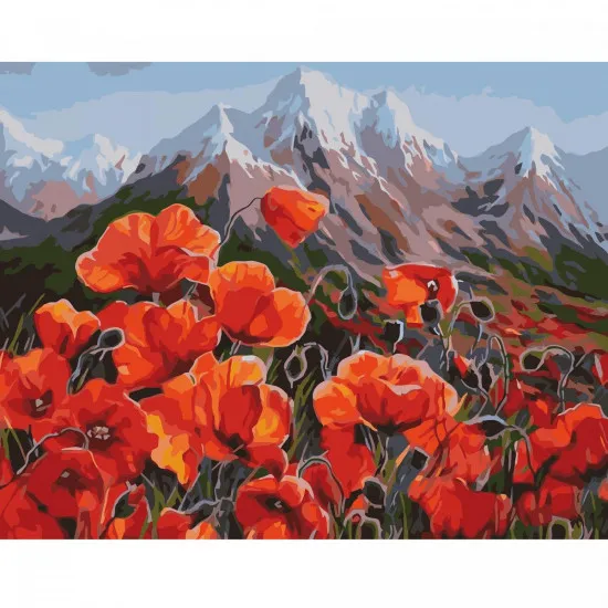 Strateg VA-0639 Pictura pe numere Maci în poalele muntelui, 40x50 cm