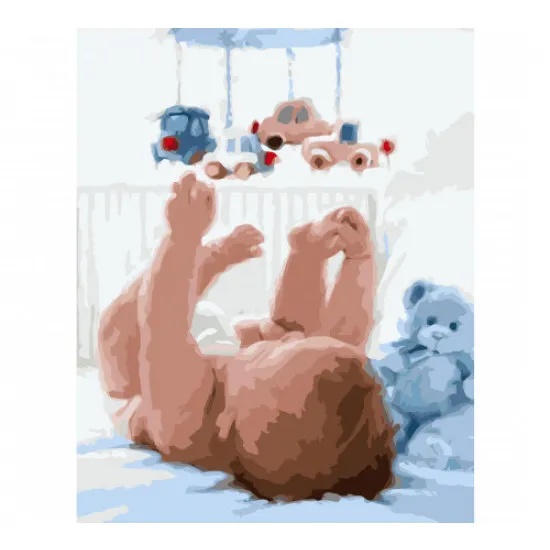 Strateg VA-0886 Pictura pe numere Bebeluș cu jucării suspendate, 40x50 cm