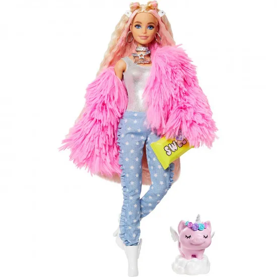 Barbie GRN28 Кукла Экстра в розовом пушистом жакете, 29 см