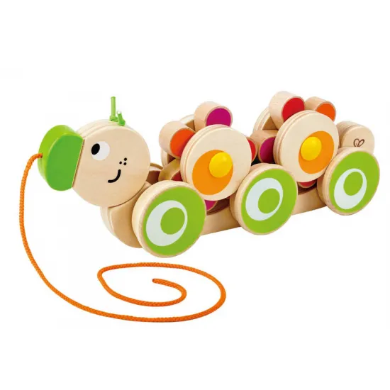 Hape E0351A Деревянная игрушка: Каталка - толкалка на палочке, гусеница
