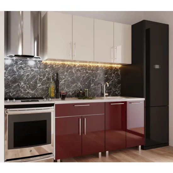 Bucatarie Bafimob Mini 1.6 m (MDF High Gloss), Bej/Bordo