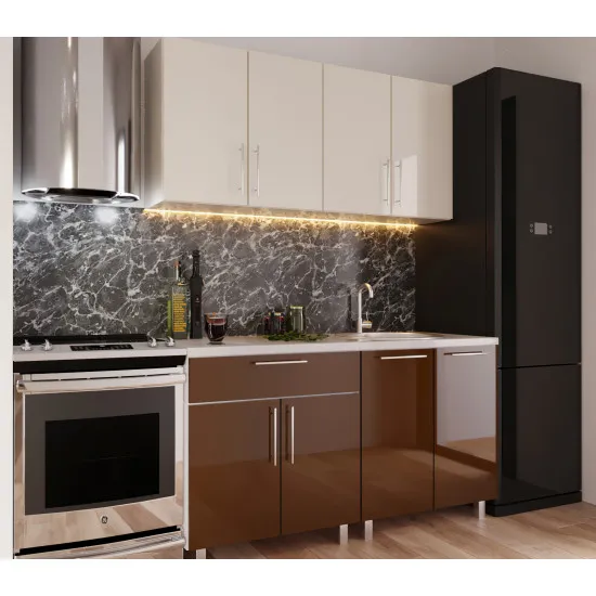 Bucatarie Bafimob Mini 1.6 m (MDF High Gloss), Bej/Cafeniu