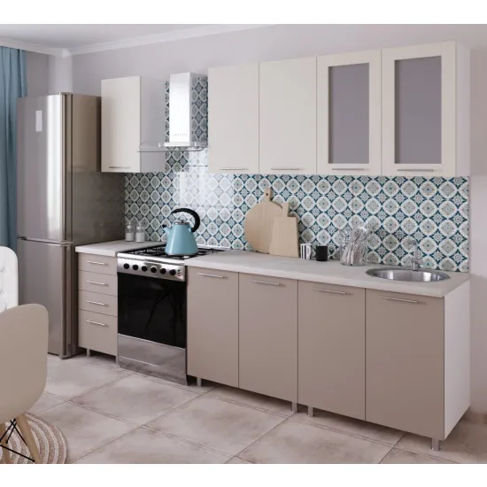 Bucatarie Bafimob Elena 2.0 m (MDF High Gloss), Bej mat/Cappuccino mat