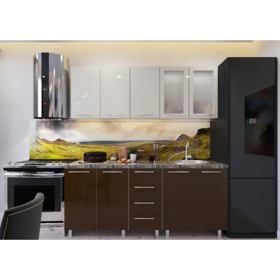 Bucatarie Bafimob Elena 2.0 m (MDF High Gloss), Bej/Cafeniu