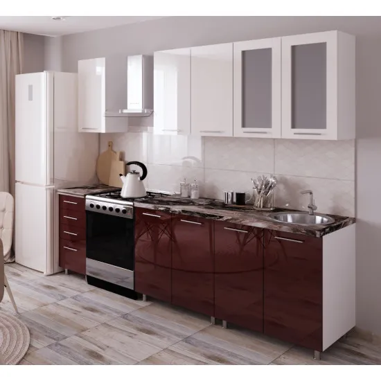 Bucatarie Bafimob Elena 2.0 m (MDF High Gloss), Bej/Bordo