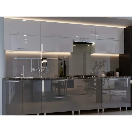 Bucatarie Bafimob Quadro 3.0 m (MDF High Gloss) sertare cu bile si amortizare, Alb/Gri