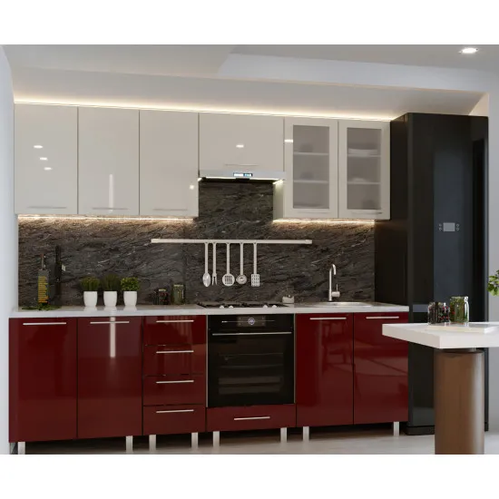 Bucatarie Bafimob Iulia 2.6 m (MDF High Gloss), Bej/Bordo