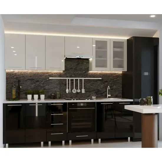 Bucatarie Bafimob Iulia 2.6 m (MDF High Gloss), Bej/Negru