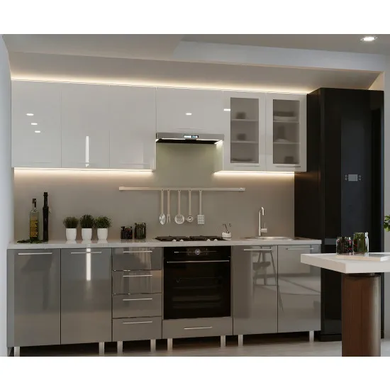 Bucatarie Bafimob Iulia 2.6 m (MDF High Gloss), Alb/Gri