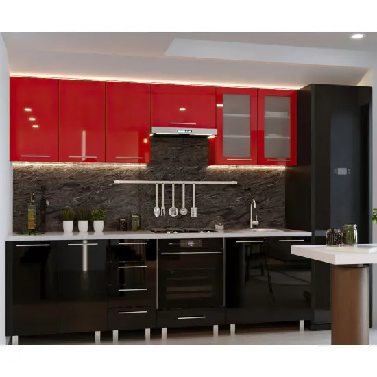 Bucatarie Bafimob Iulia 2.6 m (MDF High Gloss), Roșu/Negru