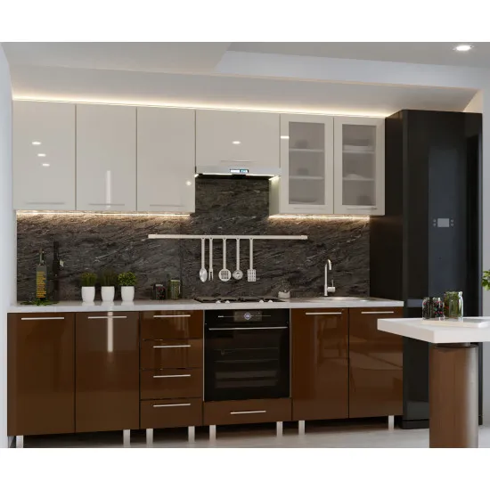 Bucatarie Bafimob Iulia 2.6 m (MDF High Gloss), Bej/Cafeniu