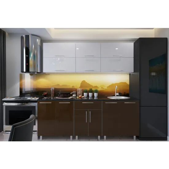 Bucatarie Bafimob Modern 1.8 m (MDF High Gloss) (fara sticla), Alb/Cafeniu