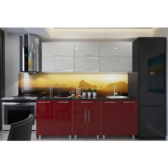 Bucatarie Bafimob Modern 1.8 m (MDF High Gloss) (fara sticla), Bej/Bordo