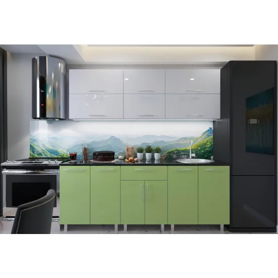 Bucatarie Bafimob Modern 2.4 m (MDF High Gloss) (fara sticla), Alb/Verde deschis