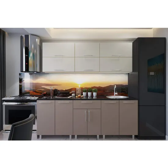 Bucatarie Bafimob Modern 2.4 m (MDF High Gloss) (fara sticla), Bej mat/Cappuccino mat