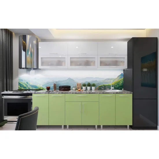 Bucatarie Bafimob Modern 1.8 m (MDF High Gloss) (sticla), Alb/Verde deschis