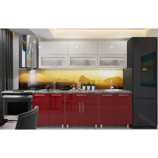 Bucatarie Bafimob Modern 1.8 m (MDF High Gloss) (sticla), Bej/Bordo