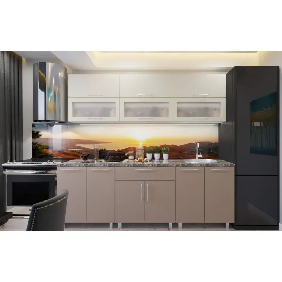 Bucatarie Bafimob Modern 1.8 m (MDF High Gloss) (sticla), Bej mat/Cappuccino mat