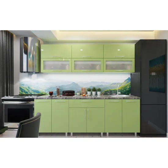 Bucatarie Bafimob Modern 2.4 m (MDF High Gloss) (sticla), Verde deschis