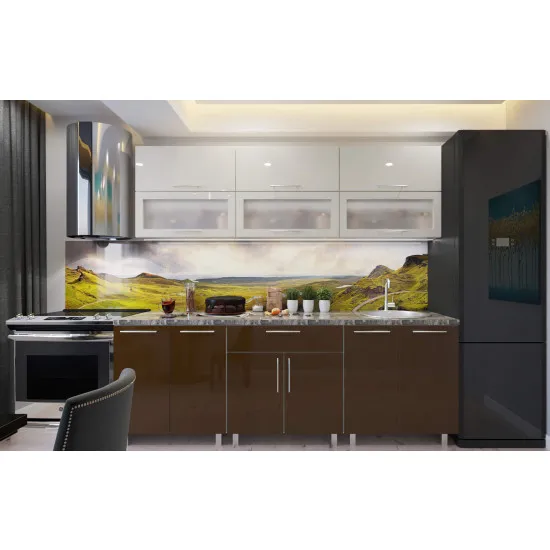 Bucatarie Bafimob Modern 2.4 m (MDF High Gloss) (sticla), Bej/Cafeniu