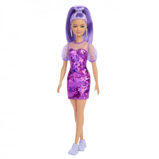 Barbie HBV12 Papusa Fashionista intr-o rochie mov, 29 cm