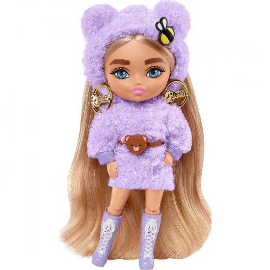 Barbie HGP66 Кукла Extra Minis Модница в сиреневом пушистом наряде, 15 см