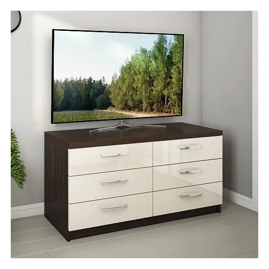 Comodă BS КХ-150 (150 cm) 6 sertare, Mokka/Bianco-bej Luciu