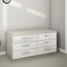 Comodă BS КХ-150 (150 cm) 6 sertare, Corton Stejar/Alb Luciu