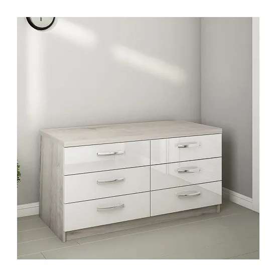 Comodă BS КХ-150 (150 cm) 6 sertare, Corton Stejar/Alb Luciu