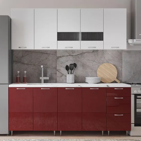 Bucatarie ML-Mobila AGT 2.0 m, Alb / Burgundi / Alb