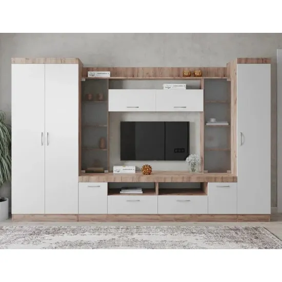 Living ML-Mobila ML-2 fara desen (310 cm), Stejar auriu/ Alb