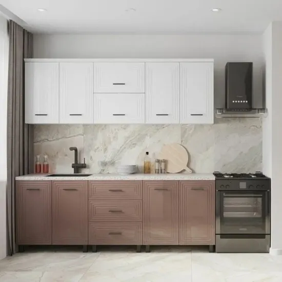 Bucatarie ML-Mobila Eva 2.2 m, Alb / Gloss Cappuccino / Gloss Alb