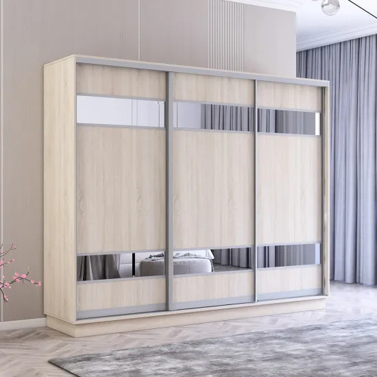 Dulap-cupeu Mobildor Fox, 340x220x60 cm, uși PAL cu elemente din oglindă, Sonoma