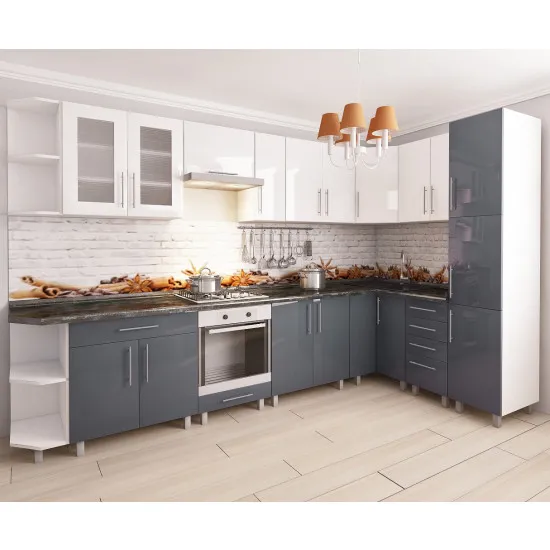 Bucatarie modulara Bafimob de colț 3,4х1,7 m (MDF High Gloss), Alb/Gri