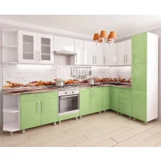 Bucatarie modulara PS de colț 3,4х1,7 m (MDF High Gloss), Alb/Verde deschis