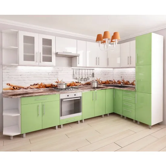 Bucatarie modulara Bafimob de colț 3,4х1,7 m (MDF High Gloss), Alb/Verde deschis
