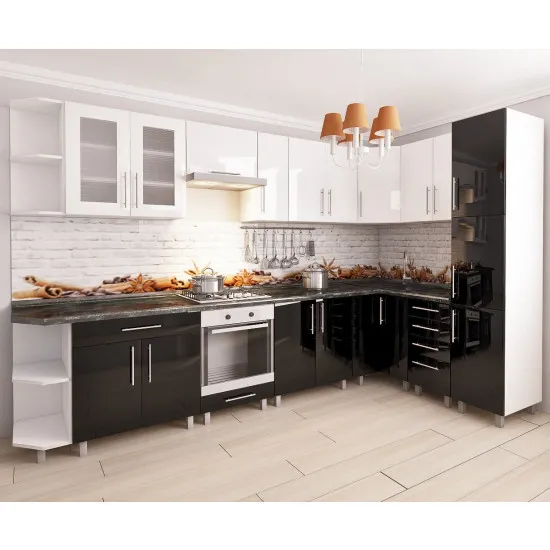 Bucatarie modulara Bafimob de colț 3,4х1,7 m (MDF High Gloss), Alb/Negru