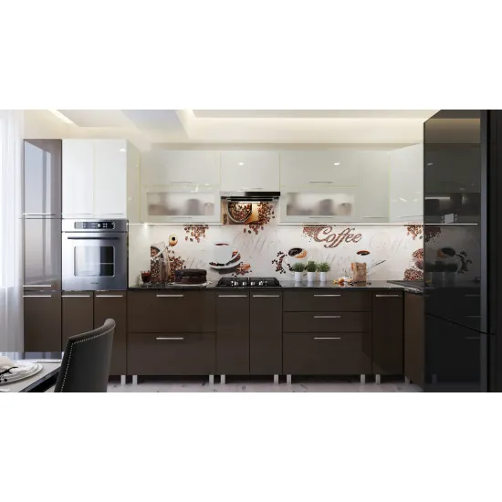 Bucatarie de colț Bafimob Eco 4,1х0,9 m (MDF High Gloss), Alb/Cafeniu