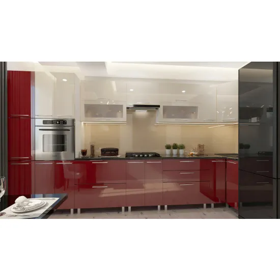Bucatarie de colț Bafimob Eco 4,1х0,9 m (MDF High Gloss), Bej/Bordo