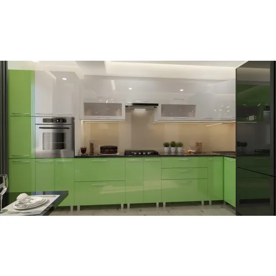 Bucatarie de colț Bafimob Eco 4,1х0,9 m (MDF High Gloss) sertare cu bile si amortizare, Alb/Verde deschis