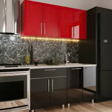 Bucatarie PS Mini 1.4 m (MDF High Gloss), Roșu/Negru