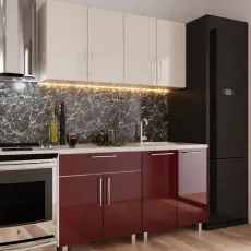 Bucatarie Bafimob Mini 1.2 m (MDF High Gloss), Bej/Bordo Bucatarie Bafimob Mini 1.2 m (MDF High Gloss), Bej/Bordo