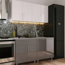 Bucatarie Bafimob Mini 1.2 m (MDF High Gloss), Alb/Gri Bucatarie Bafimob Mini 1.2 m (MDF High Gloss), Alb/Gri