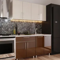 Bucatarie Bafimob Mini 1.2 m (MDF High Gloss), Bej/Cafeniu Bucatarie Bafimob Mini 1.2 m (MDF High Gloss), Bej/Cafeniu