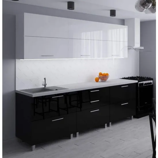 Bucatarie Bafimob Blum 2.4 m (MDF High Gloss), Alb/Negru